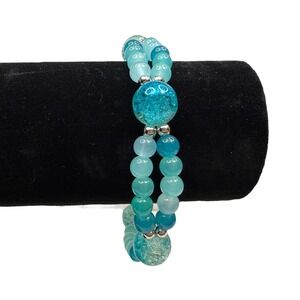 Ocean Blue Double Strand Glass Bead Bracelet Crackle Bead Accent Silver Tone 7.5